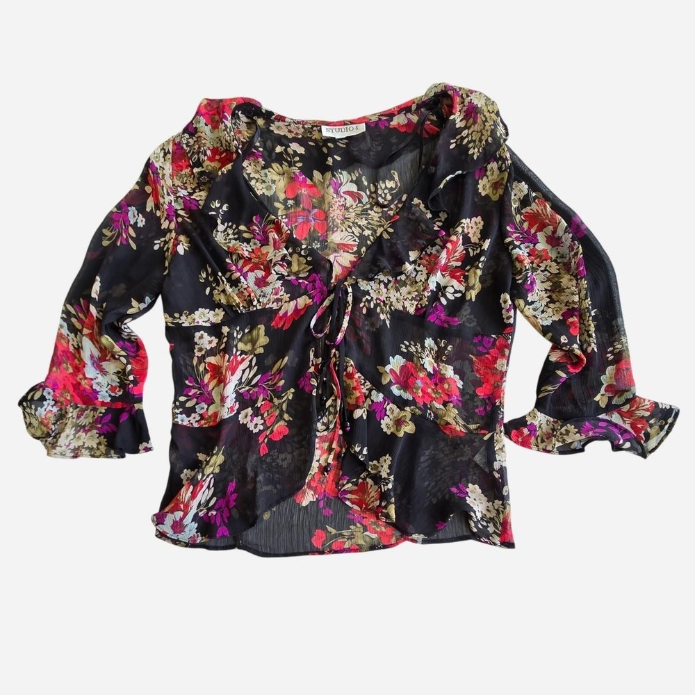 Vintage 90's, y2k sheer floral ruffle top with two front ties / Whimsigoth boho